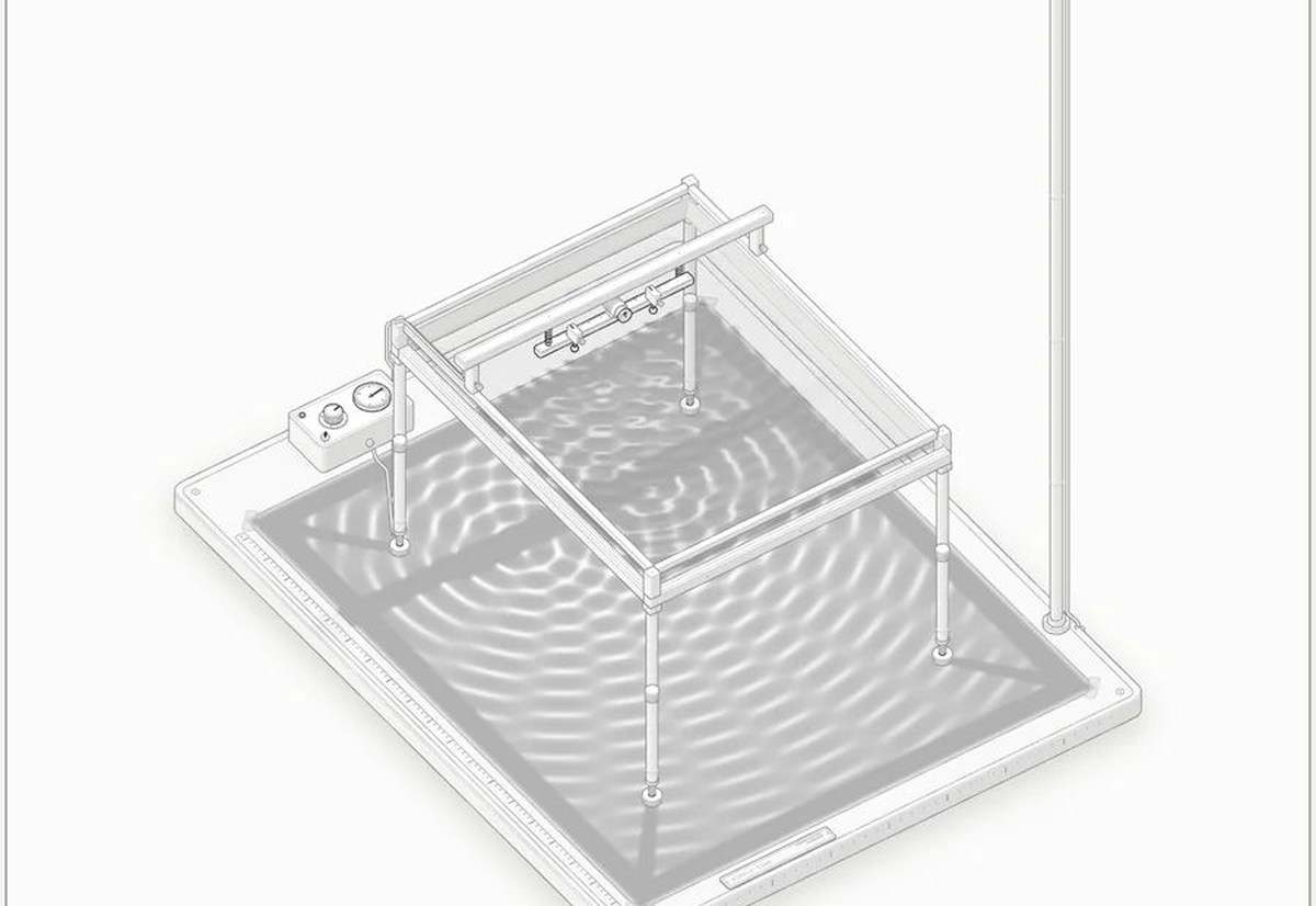 ripple-tank 示例:学校的水波槽。水波与纸面上的焦散不是贴图,而是由一个色散与光学模型算出来的,右下角的频率、波长、节点线数目会跟着参数变