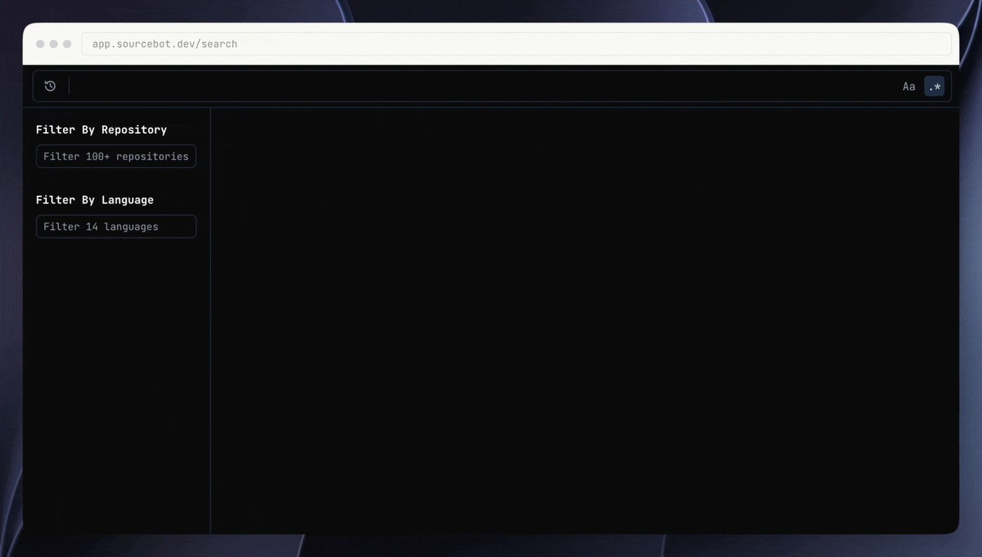 Sourcebot 代码搜索界面:可按仓库和语言过滤,结果带语法高亮
