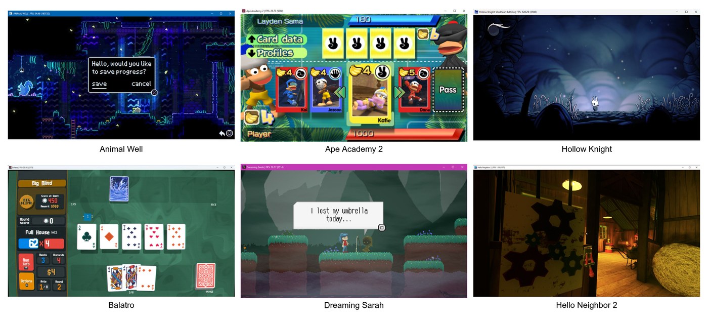 AnyPS5 官方 README 展示图:Animal Well、Ape Academy 2、Hollow Knight、Balatro、Dreaming Sarah、Hello Neighbor 2 等游戏已通过 AnyPS5 在 PC 上运行