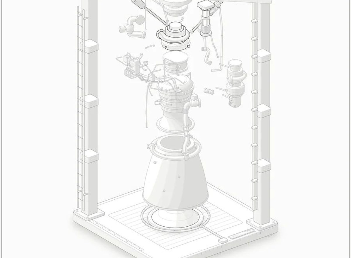 raptor-engine 示例:火箭发动机拆开后的状态,管路与线缆散落在试车台立柱之间。审计会证明任何一根管道在拆开的每一帧里都没有穿到别的零件里面