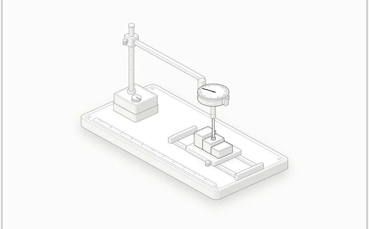 dial-indicator 示例:架在滑台上的百分表,最小的官方示例,约 300 行代码。悬停可以推动滑台,指针会读出每个量块的高度