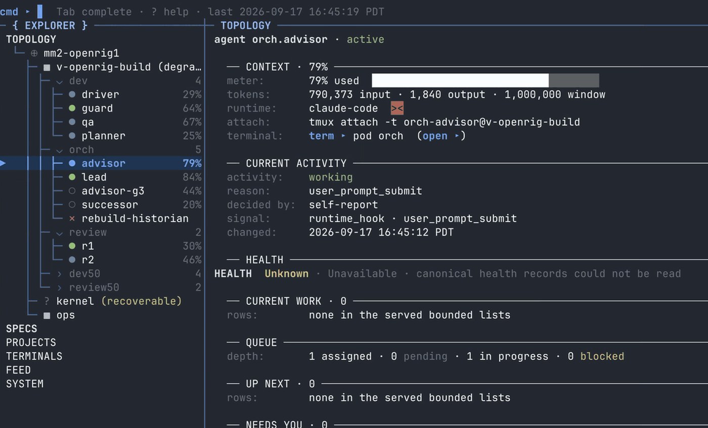 OpenRig TUI 表格视图:17 个座位的运行时、模型、上下文与实时状态(官方演示实录)