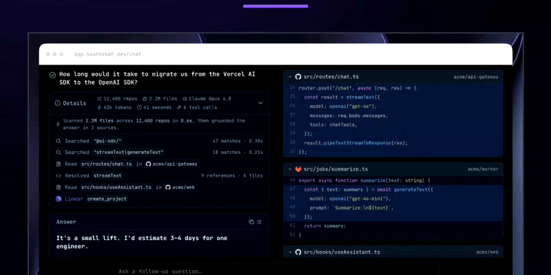 Sourcebot 开源：把全公司仓库索引到自己服务器上，人和 AI Agent 搜的是同一份代码