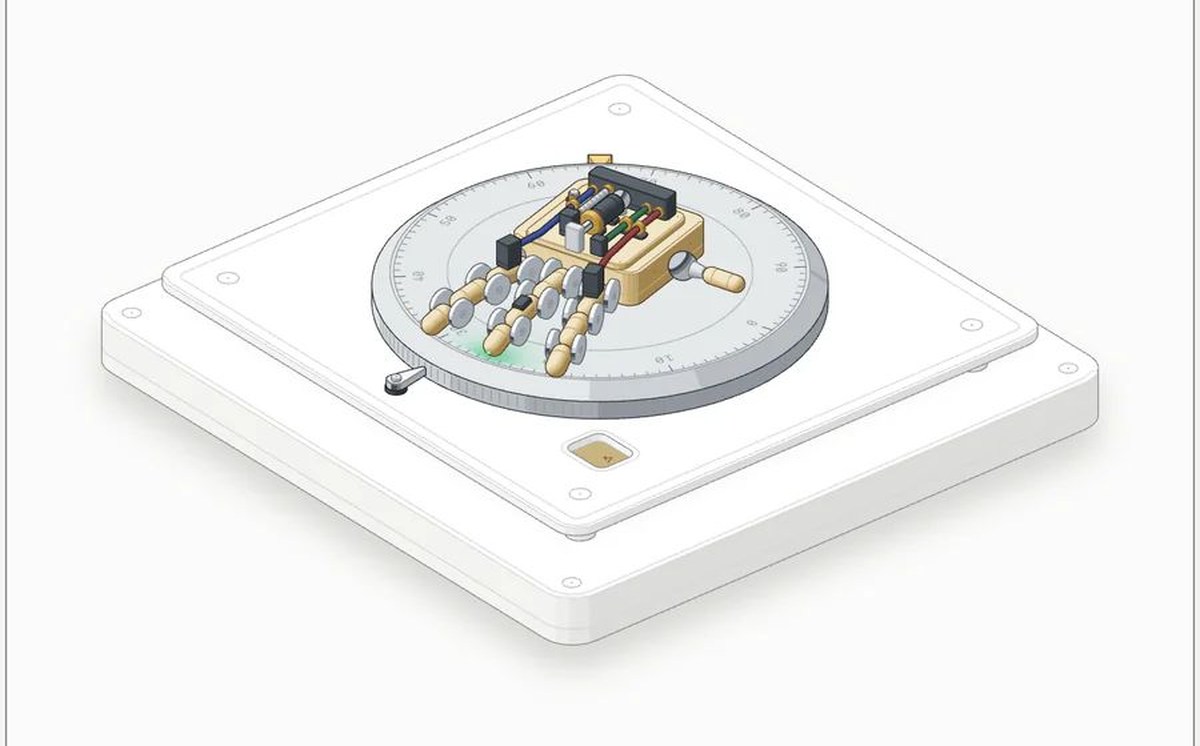 turning-dial 示例:3D 模式(beta)。一个真正在三维里转动的密码盘,上面还搭着一只小机器手