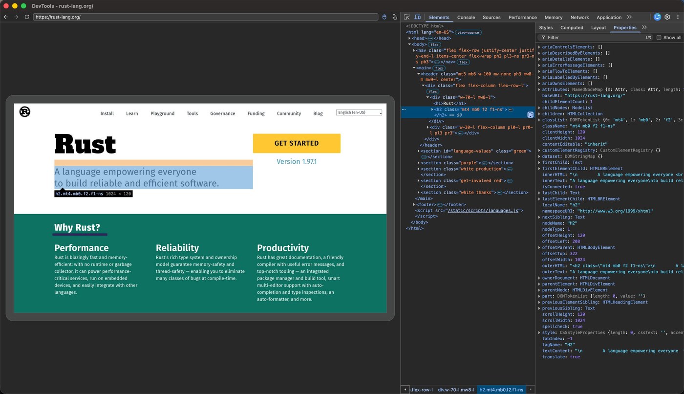rust-lang.org 由 Moli 渲染,实时 DOM、CSS 与几何可在 Chrome DevTools 中检查