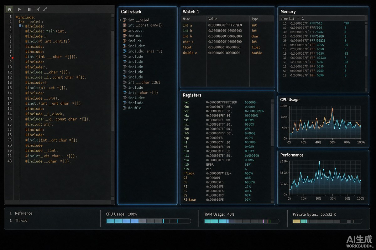 RAD Debugger 深色调试器界面示意